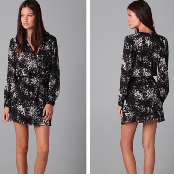 Parker Lila Silk Black Print Faux Wrap Dress - Picture 1 of 7